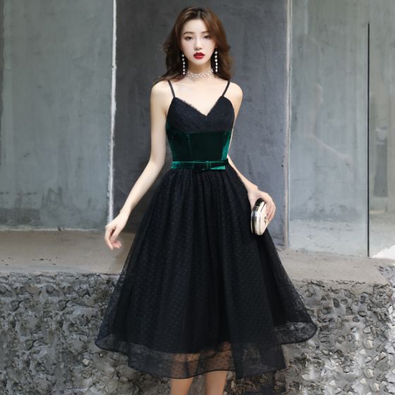 chic beautiful black evening dresses 2019 a line princess suede spaghetti straps bow spotted sleeveless backless tea length formal dresses 560x560 1
